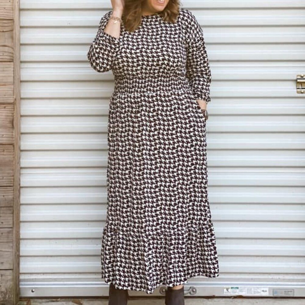 NEW 2XL‎ LuLaRoe Smocked Waist Maxi Dress Long Sleeve Black Houndstooth Plaid